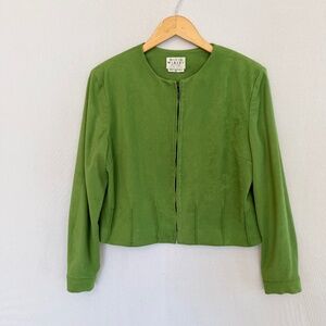 DAVID WARREN Petites Size 14P Green Soft Sueded Fitted Collarless Jacket Vintage